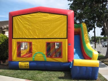 Panel 5 in 1 Combo includes large jumping area, basketball hoop, inflatable obstacles, climbing ramp, and steep slide. Rent this for as low as $219.00 a day dry or $249 a day wet. Unit dimensions are 20' by 23'.