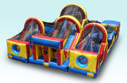 Adrenaline Rush obstacle course.  This unit features side by side obstacle courses with a double lane slide at the end.  Great for racing your friends.  This unit rents for as low at $499.00 per day. Unit dimensions are 40' long by 32  wide.